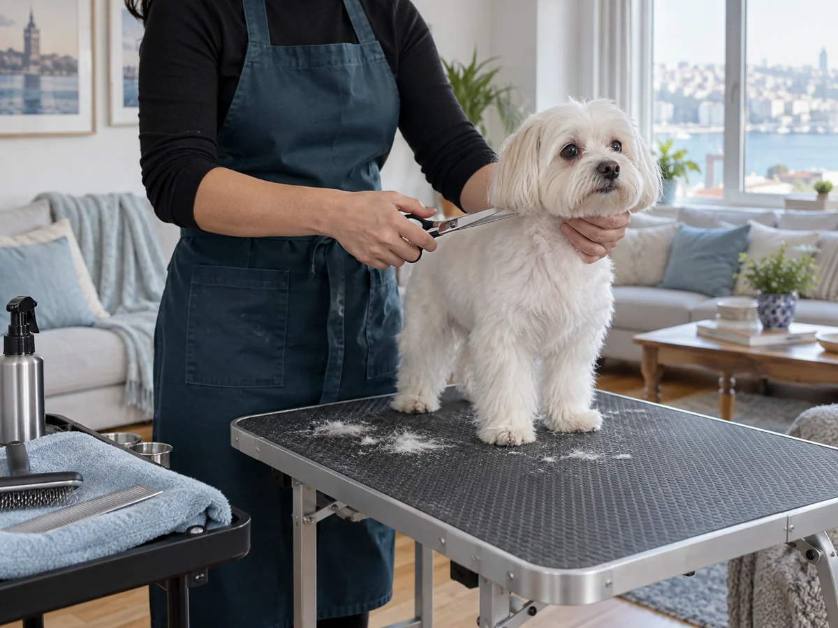 Ev ortamında küçük bir köpeğe makasla bakım